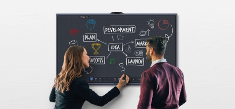 Due persone collaborano sulla lavagna digitale del MAXHUB XBoard V7